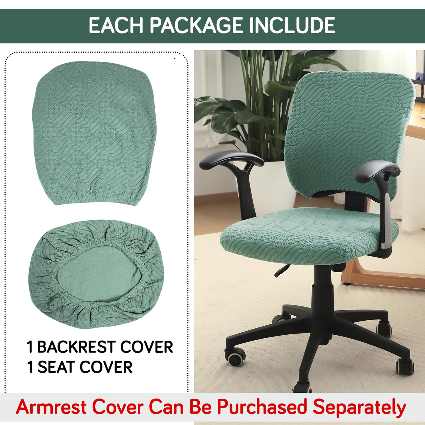 Office Chair Cover for Task Chair – 170 GSM Stretchable Jacquard – Washable & Anti-Slip – Fits Small Office Chairs Without Headrest, Green