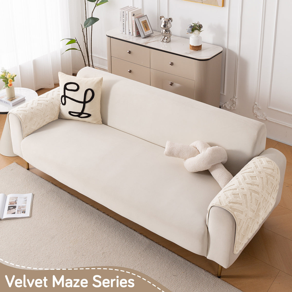 Velvet Maze Sofa Cover Mat, Beige