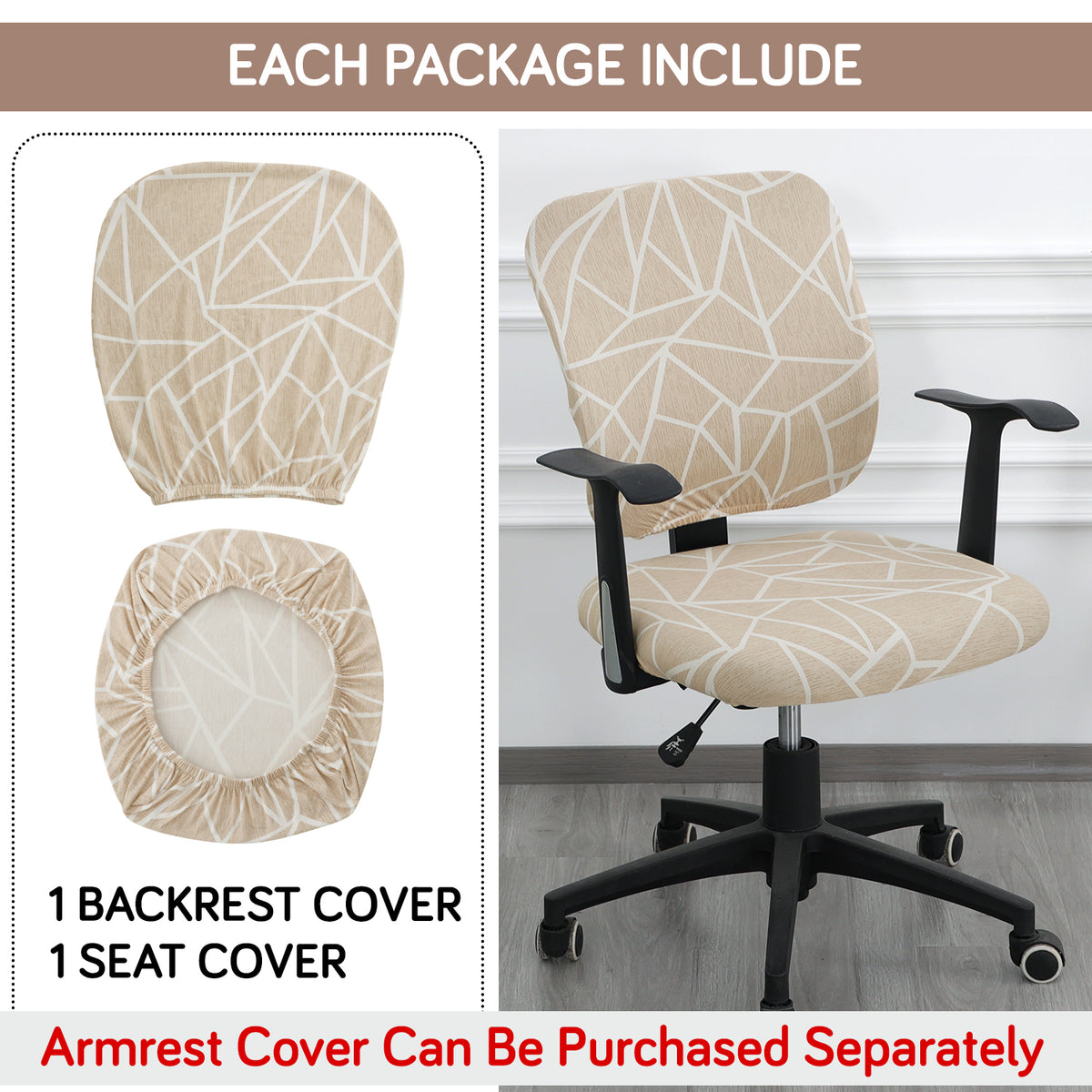Printed Office Chair Cover for Task Chair – 140 GSM Stretchable Fabric – Washable & Anti-Slip – Fits Small Office Chairs Without Headrest, Beige Abstract Geometry
