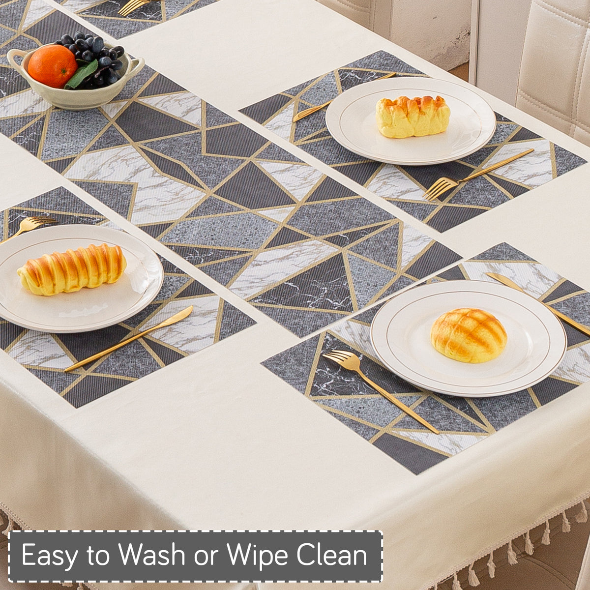 Marble Fusion PVC Mats for Dining Table, Geo Triangles - Charcoal Grey
