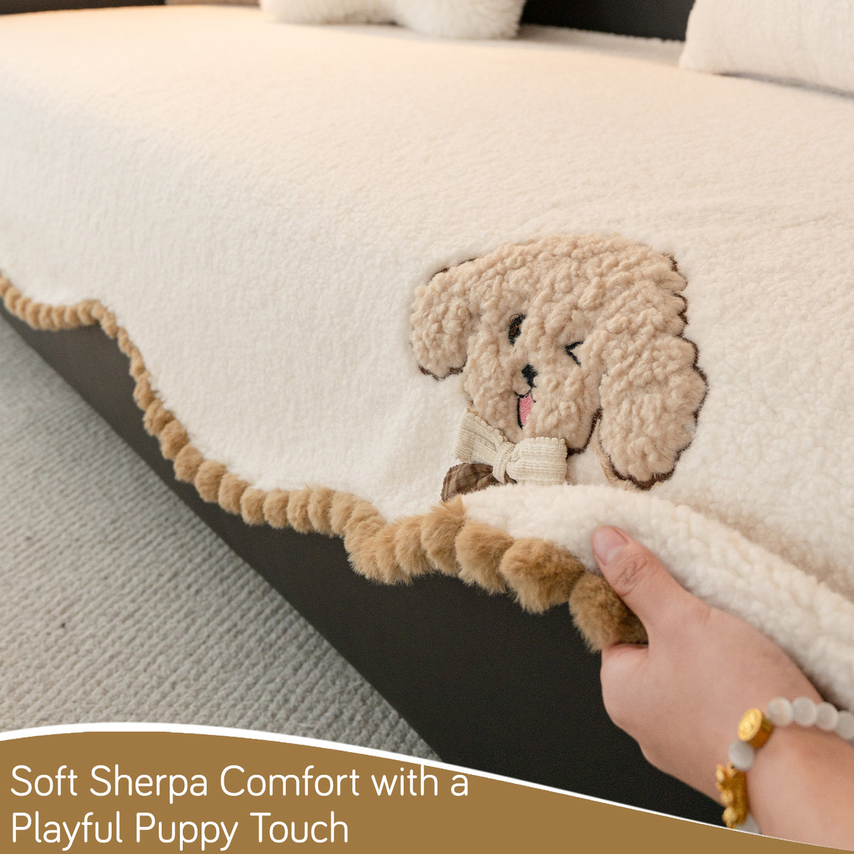 CloudHug Plush Sofa Cover Mat with PomPom and Wavy Edges, Ivory Cream