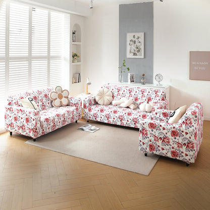 Premium Printed Velvet Sofa Cover 1/2/3 Seaters Fully Covered, Red Cottage Rose