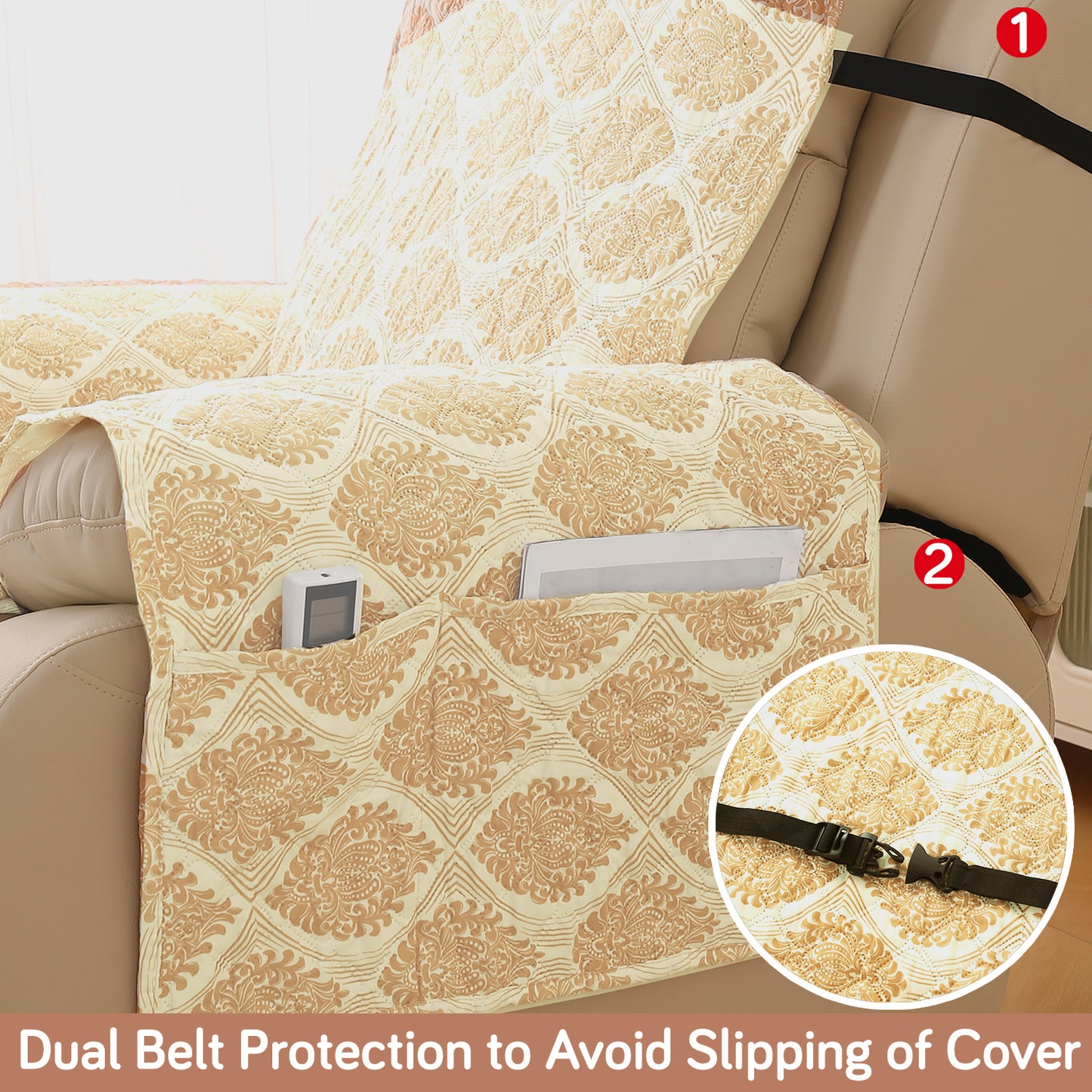 Quilted Printed Recliner Mats for 1 Seater Recliner Sofa, Ogee Ivory