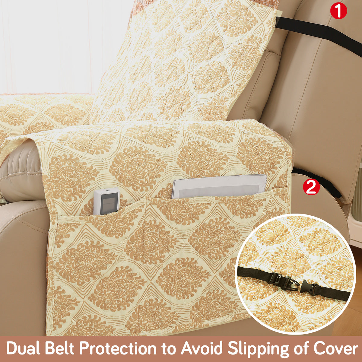 Quilted Printed Recliner Mats for 1 Seater Recliner Sofa, Ogee Ivory