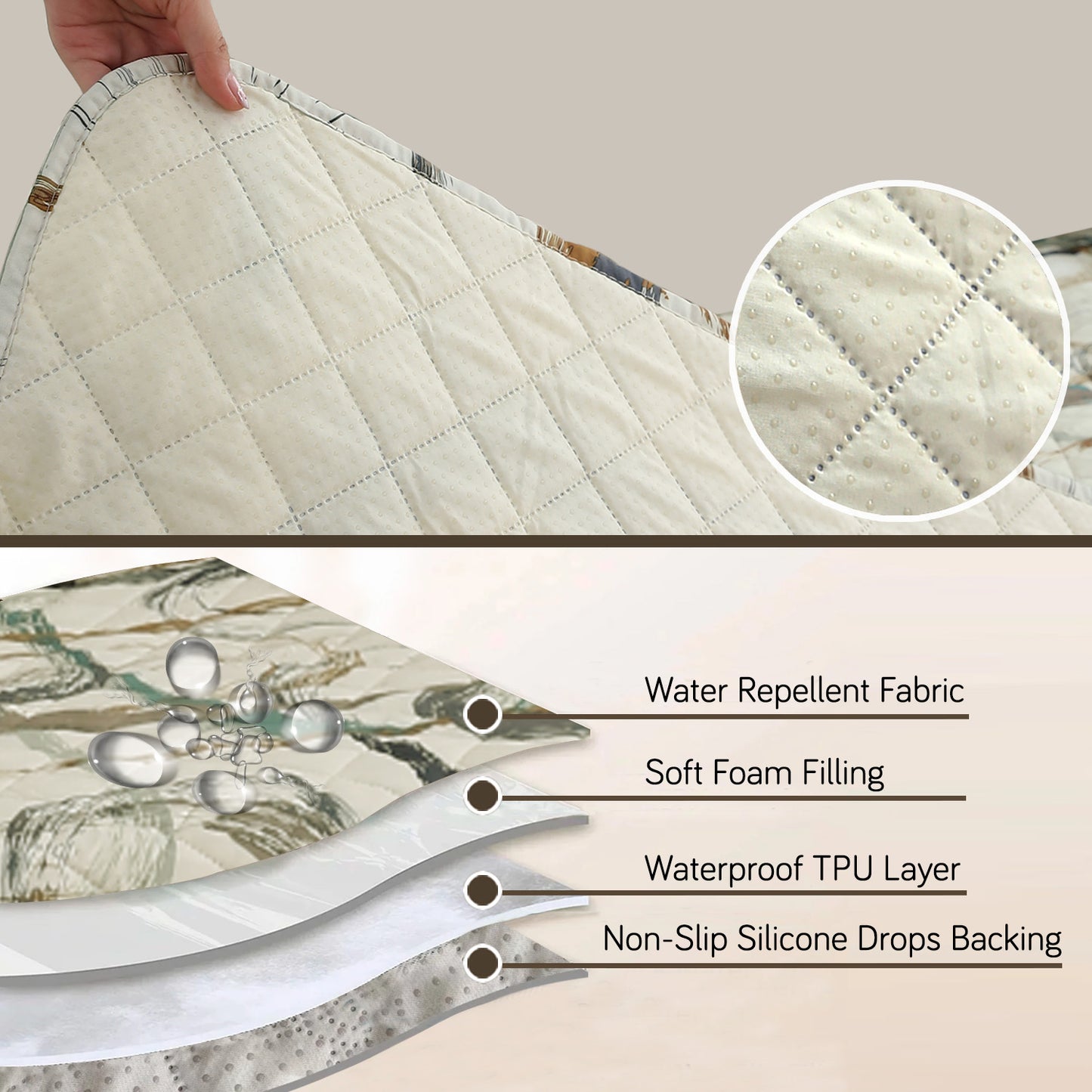 HOKIPO Water Repellent + Waterproof Quilted Sofa Mats, Parchement Beige Abstract Art
