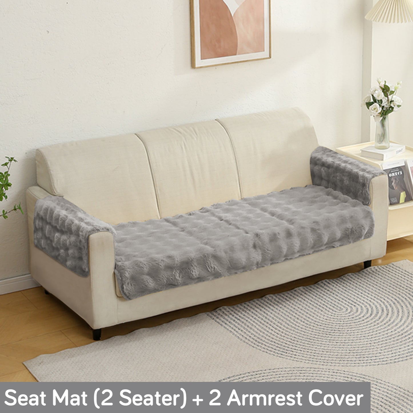 Premium Faux Rabbit Fur Anti Slip Sofa Cover Mat with 2 Armrest Cover, Cool Grey