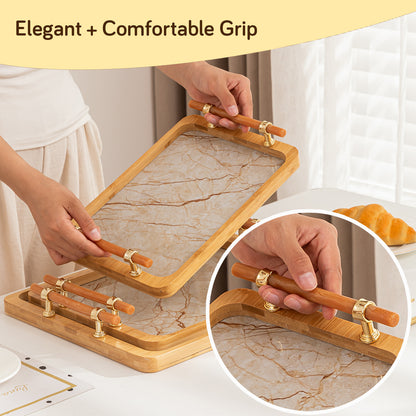 Luxury Bamboo Serving Tray Set with Faux Marble Base with Golden Handles