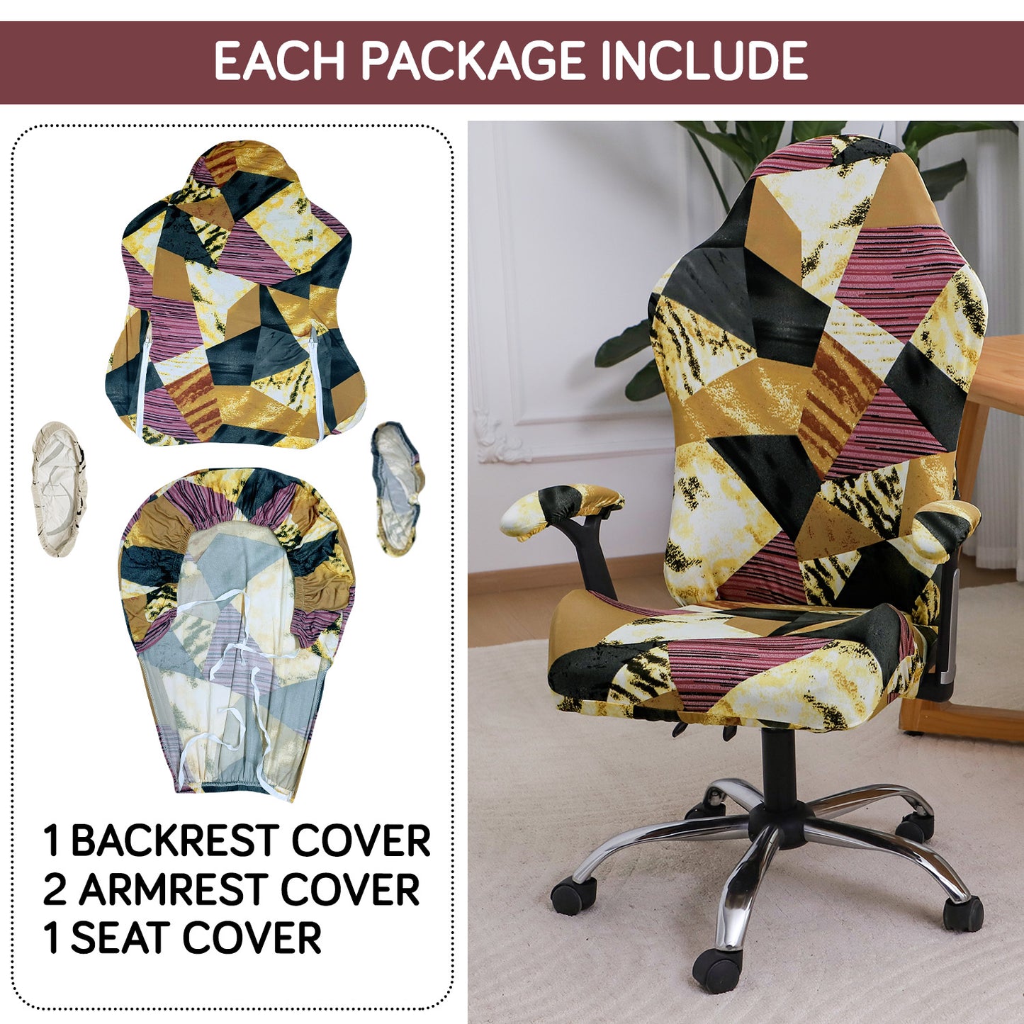 Printed Gaming Chair Seat Cover Elastic Computer Rotating Chair, Wine Abstract Geometry