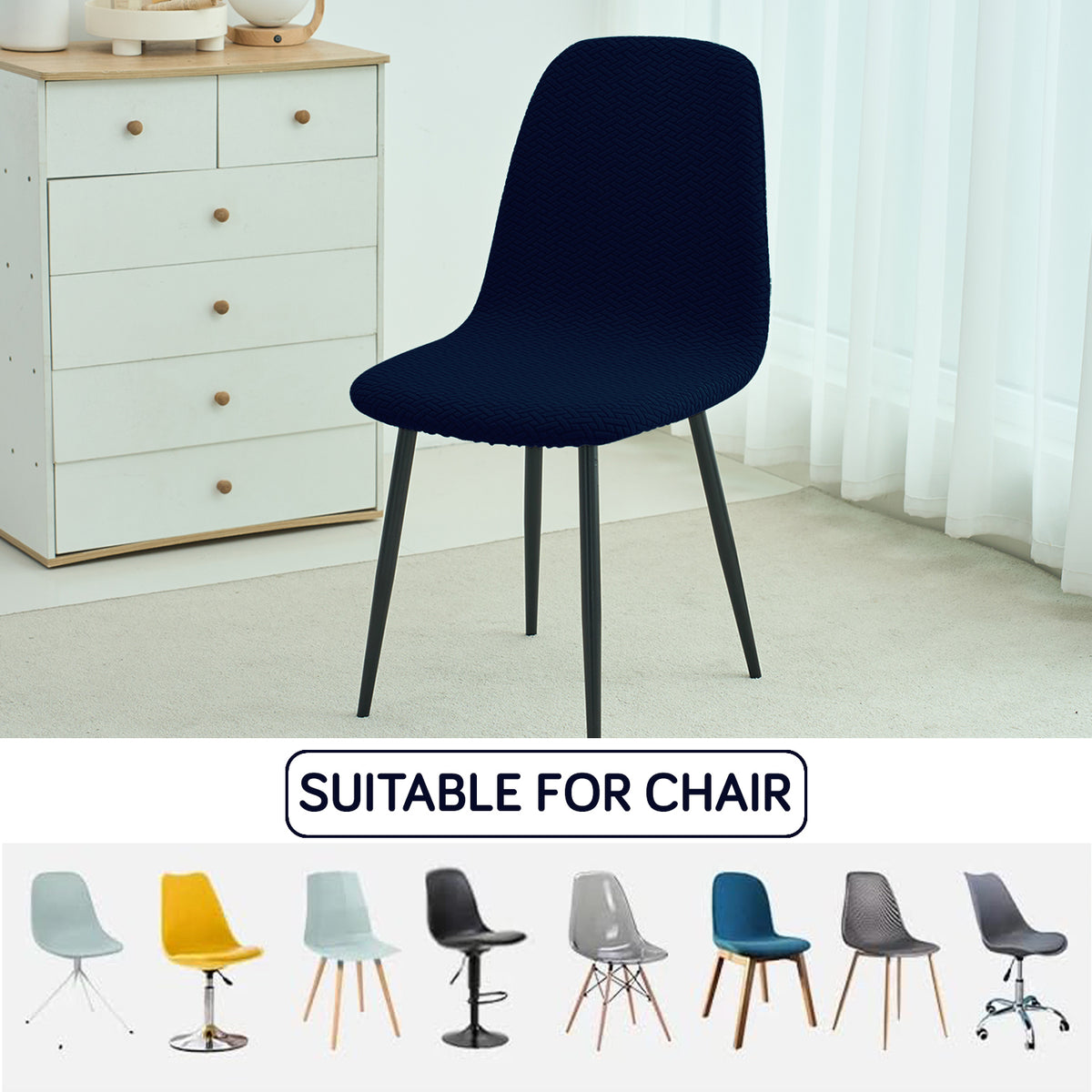 Premium Jacquard Fully Covered Cover for Mid Century Modern Dining Chair, Navy Blue