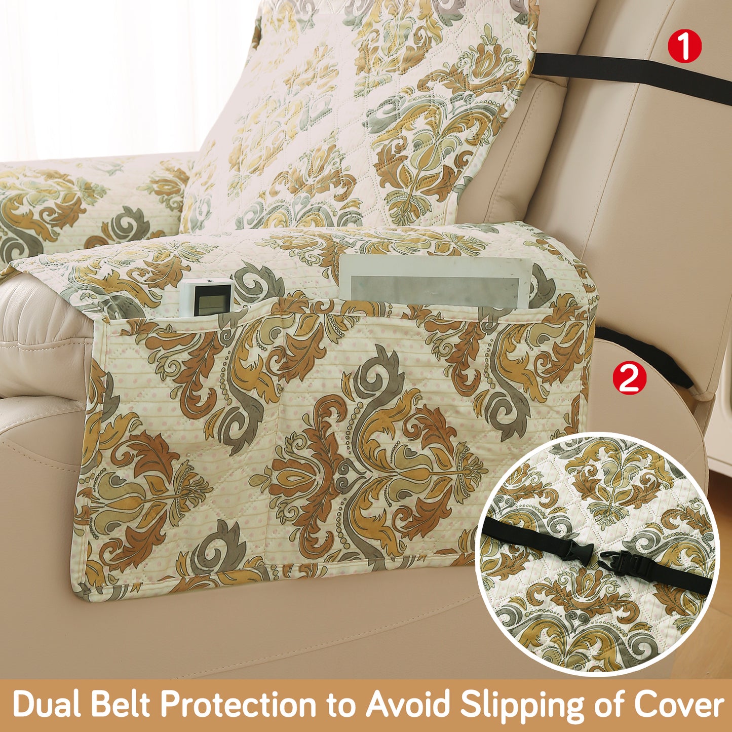 Quilted Printed Recliner Mats for 1 Seater Recliner Sofa, Damask Beige