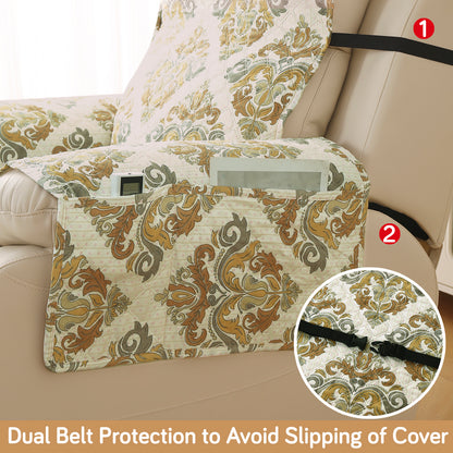 Quilted Printed Recliner Mats for 1 Seater Recliner Sofa, Damask Beige