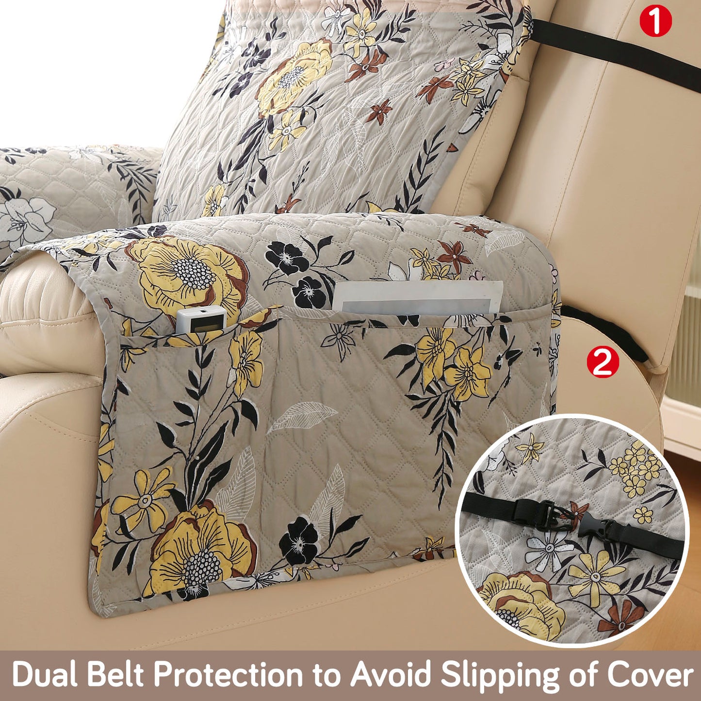 Quilted Printed Recliner Mats for 1 Seater Recliner Sofa, Floral Ash Grey