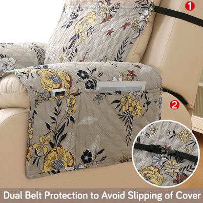 Quilted Printed Recliner Mats for 1 Seater Recliner Sofa, Floral Ash Grey