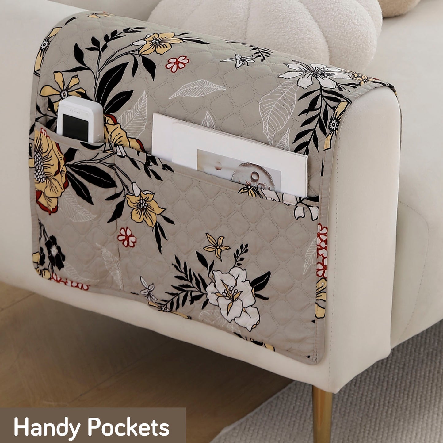 Polyester Printed Quilted Sofa Cover Mats, Floral Ash Grey