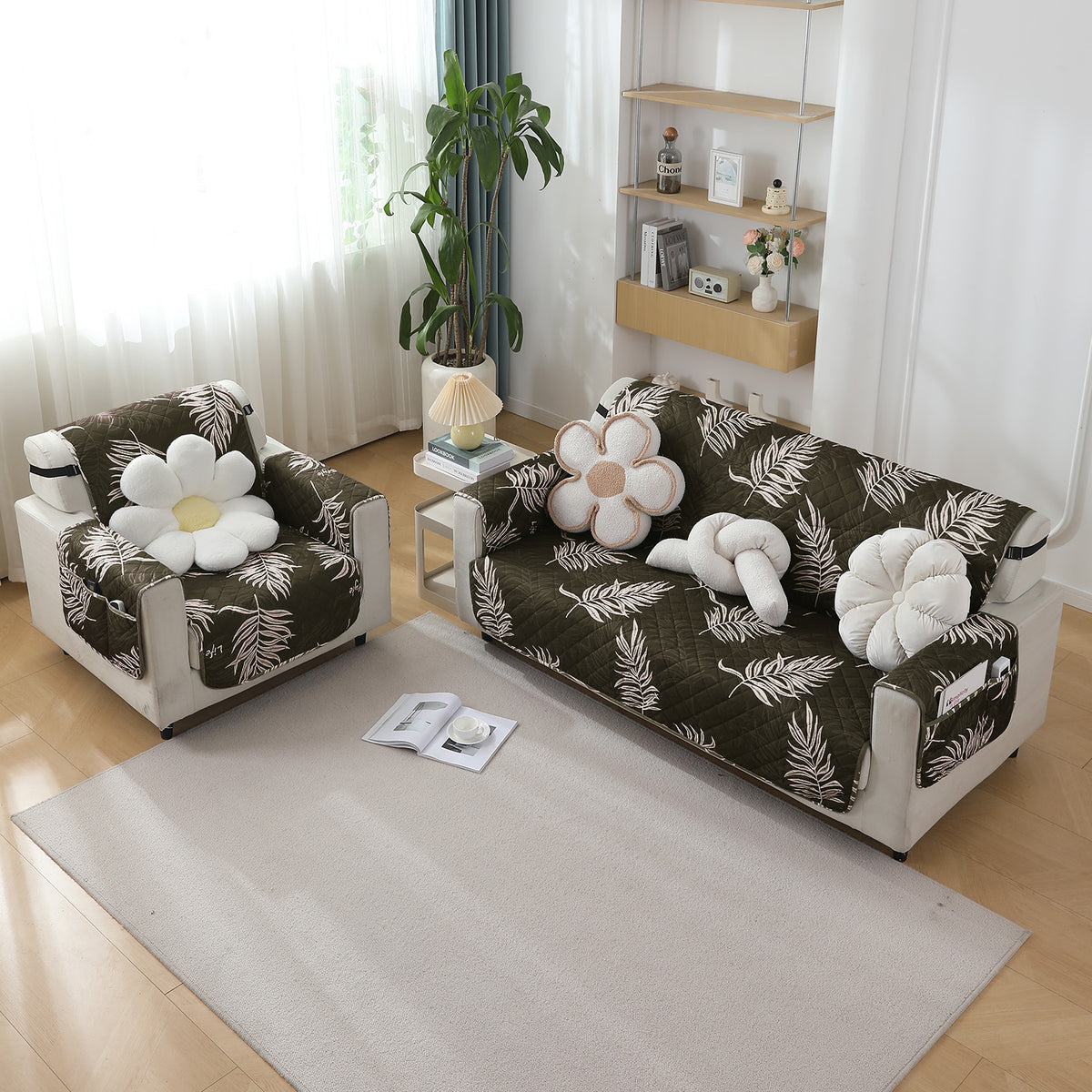 Quilted Waterproof Sofa Cover Mat with Pockets on Armrest Cover - Palm Leaves Olive