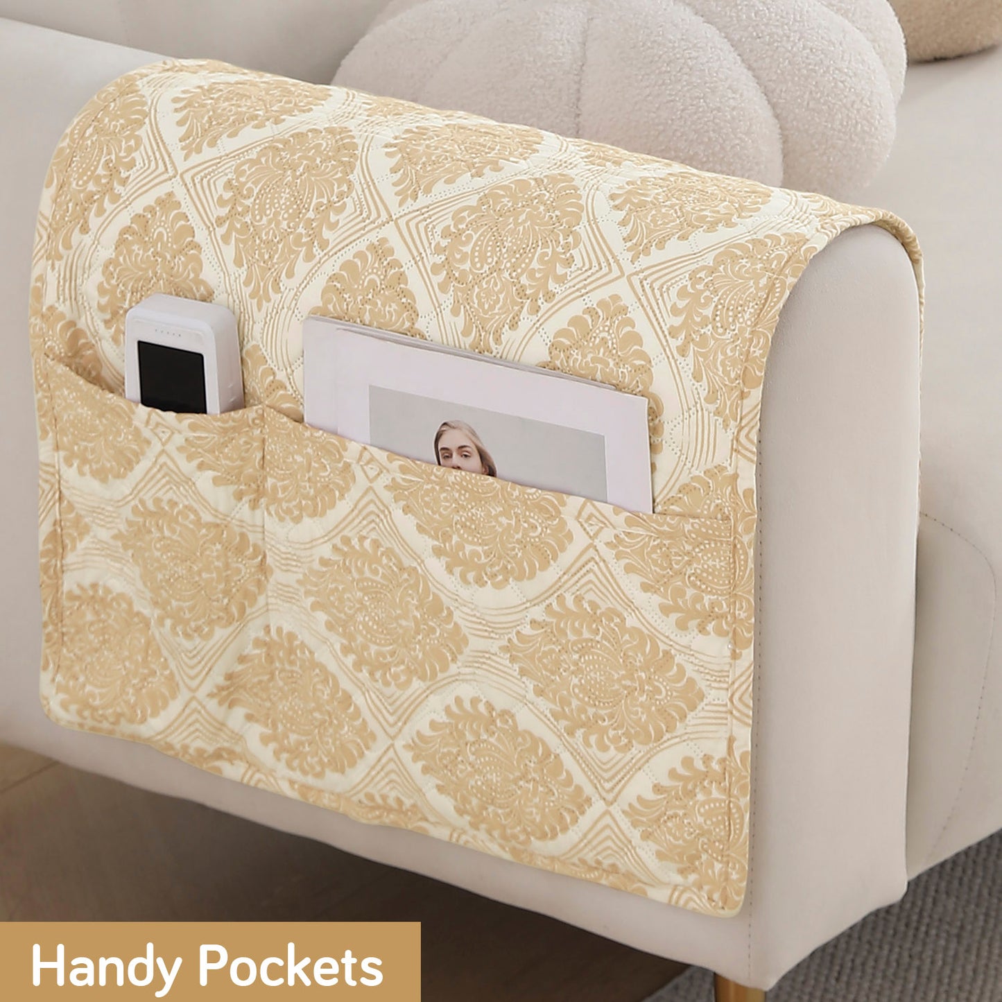 Polyester Printed Quilted Sofa Cover Mats, Ogee Ivory