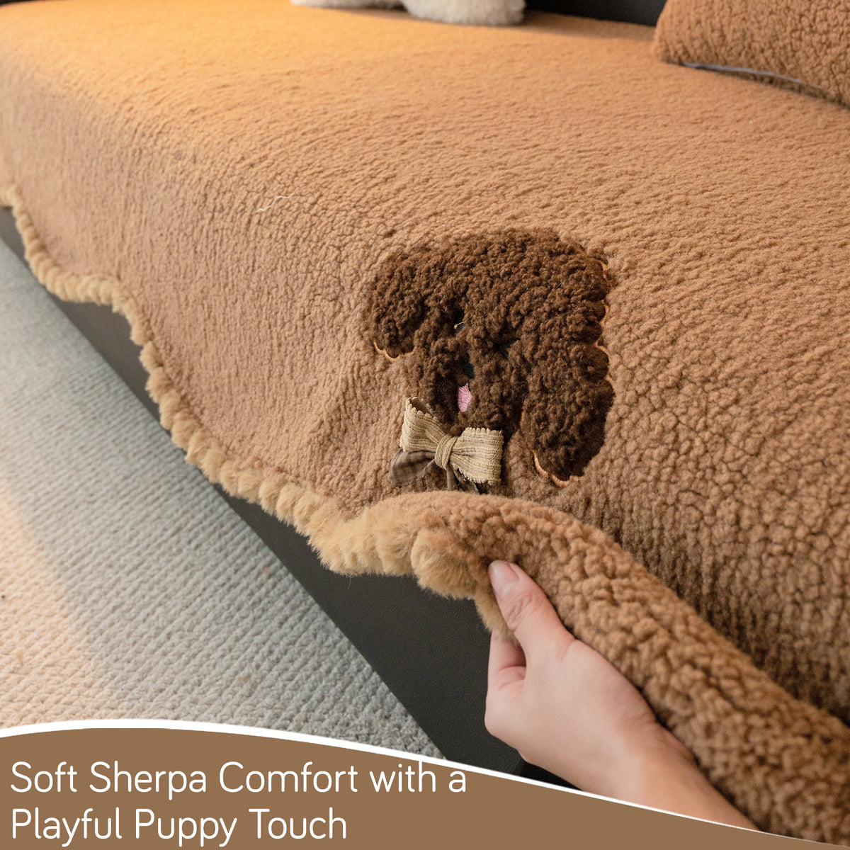 CloudHug Plush Sofa Cover Mat with PomPom and Wavy Edges, Mocha Cocoa