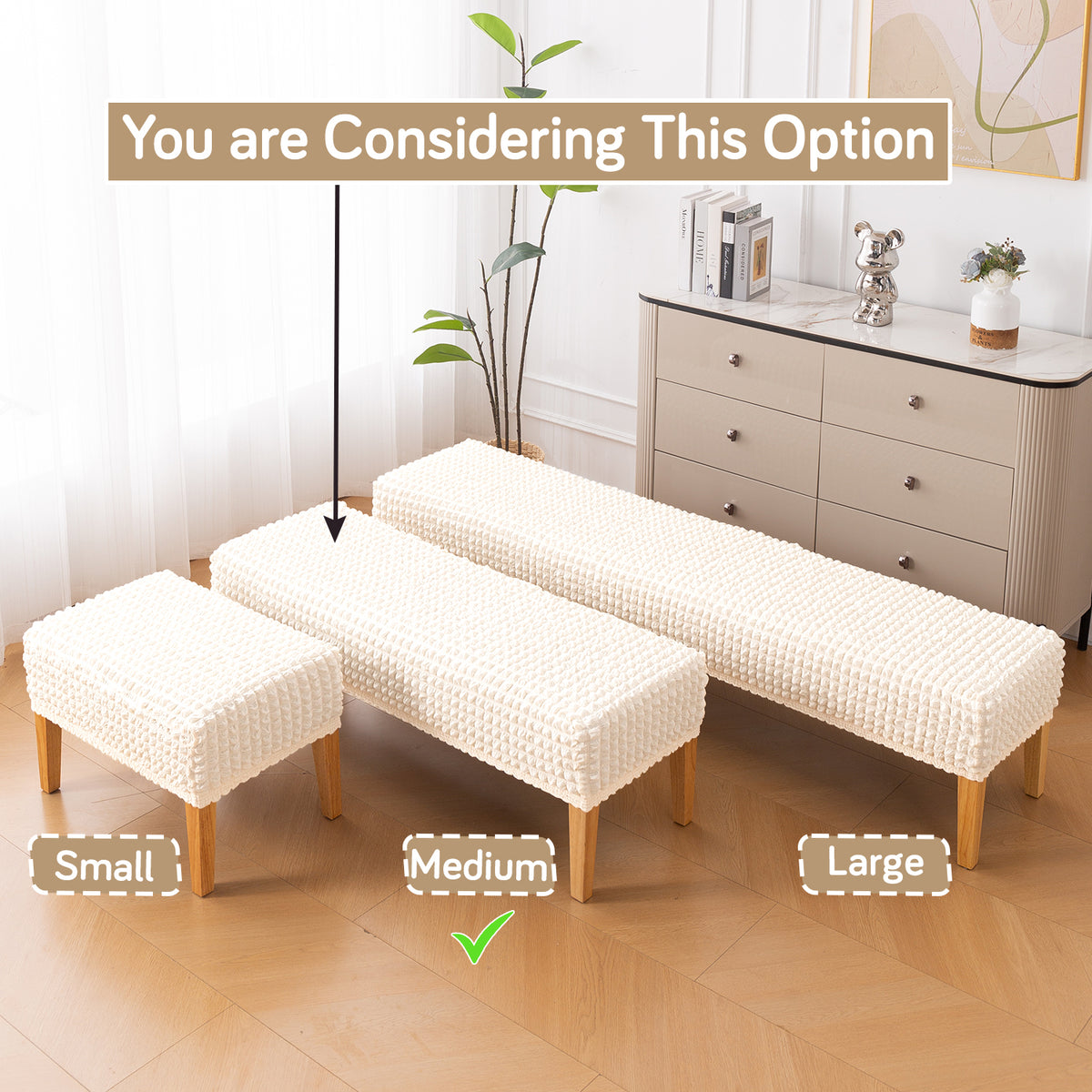 Aria Nova 280 GSM Stretchable Bubble Dining Bench Cover, Light Cream
