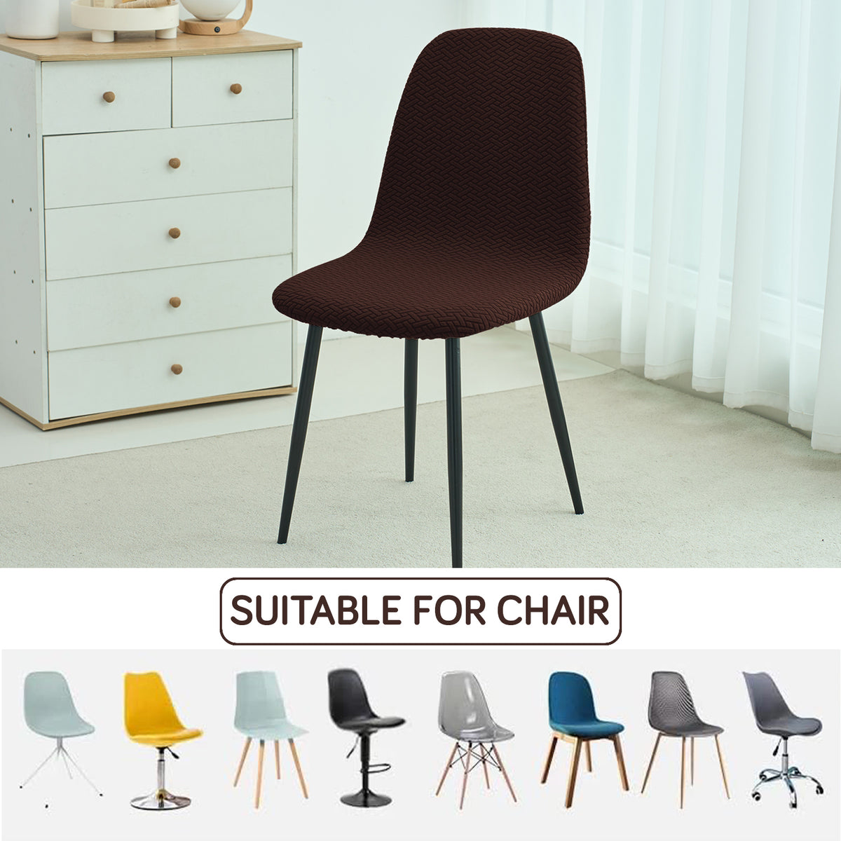 Premium Jacquard Fully Covered Cover for Mid Century Modern Dining Chair, Chocolate Brown