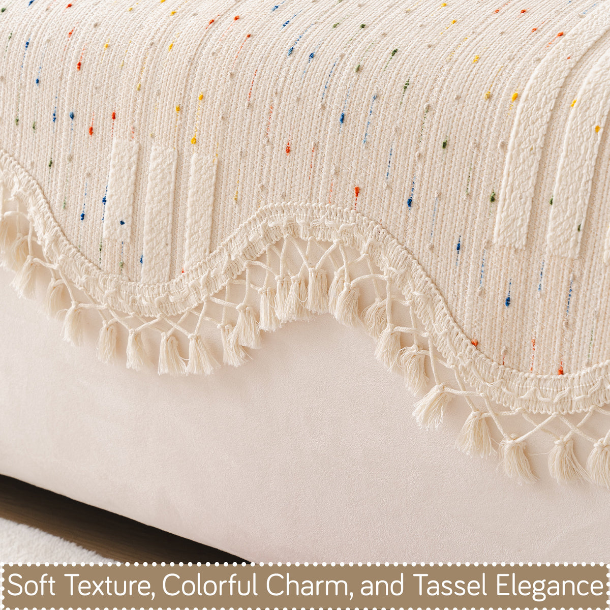 DreamWave Chenille with Tassels Sofa Cover Mat, Latte Beige