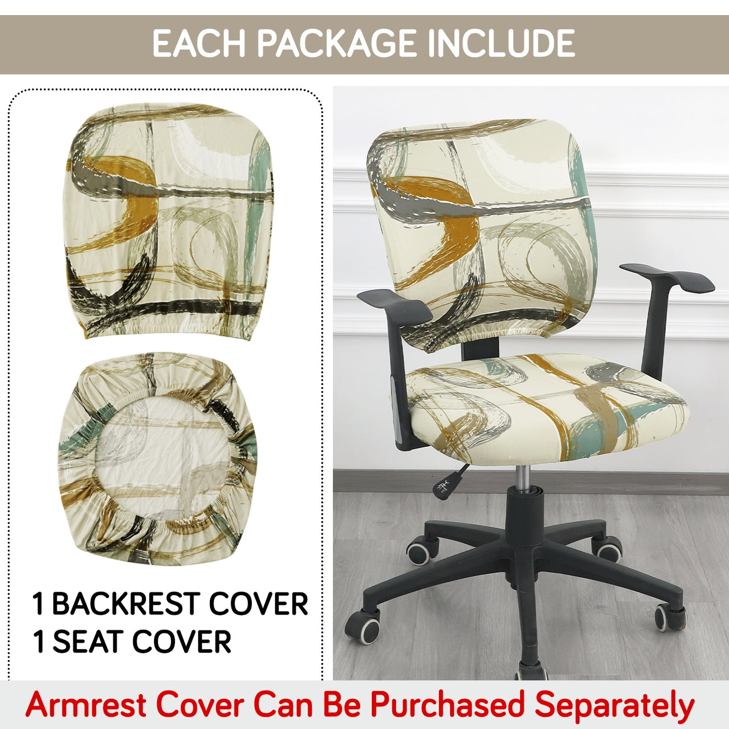 Printed Office Chair Cover for Task Chair – 140 GSM Stretchable Fabric – Washable & Anti-Slip – Fits Small Office Chairs Without Headrest, Parchement Beige Abstract Art