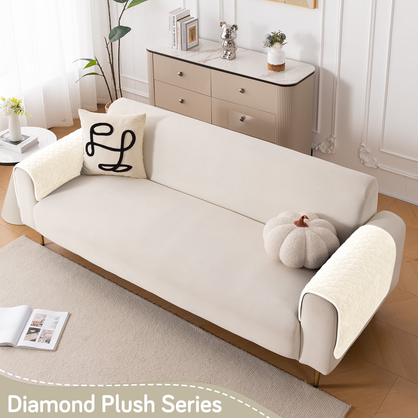 Diamond Plush Pebble Quilted Sofa Cover Mat, Cream