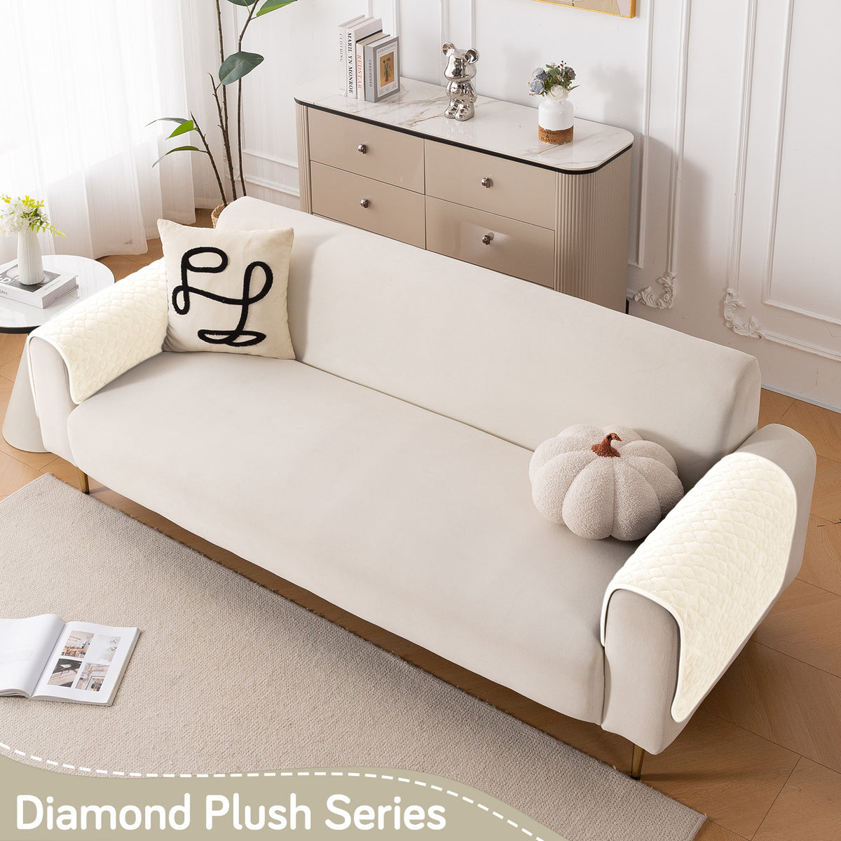 Diamond Plush Pebble Quilted Sofa Cover Mat, Cream