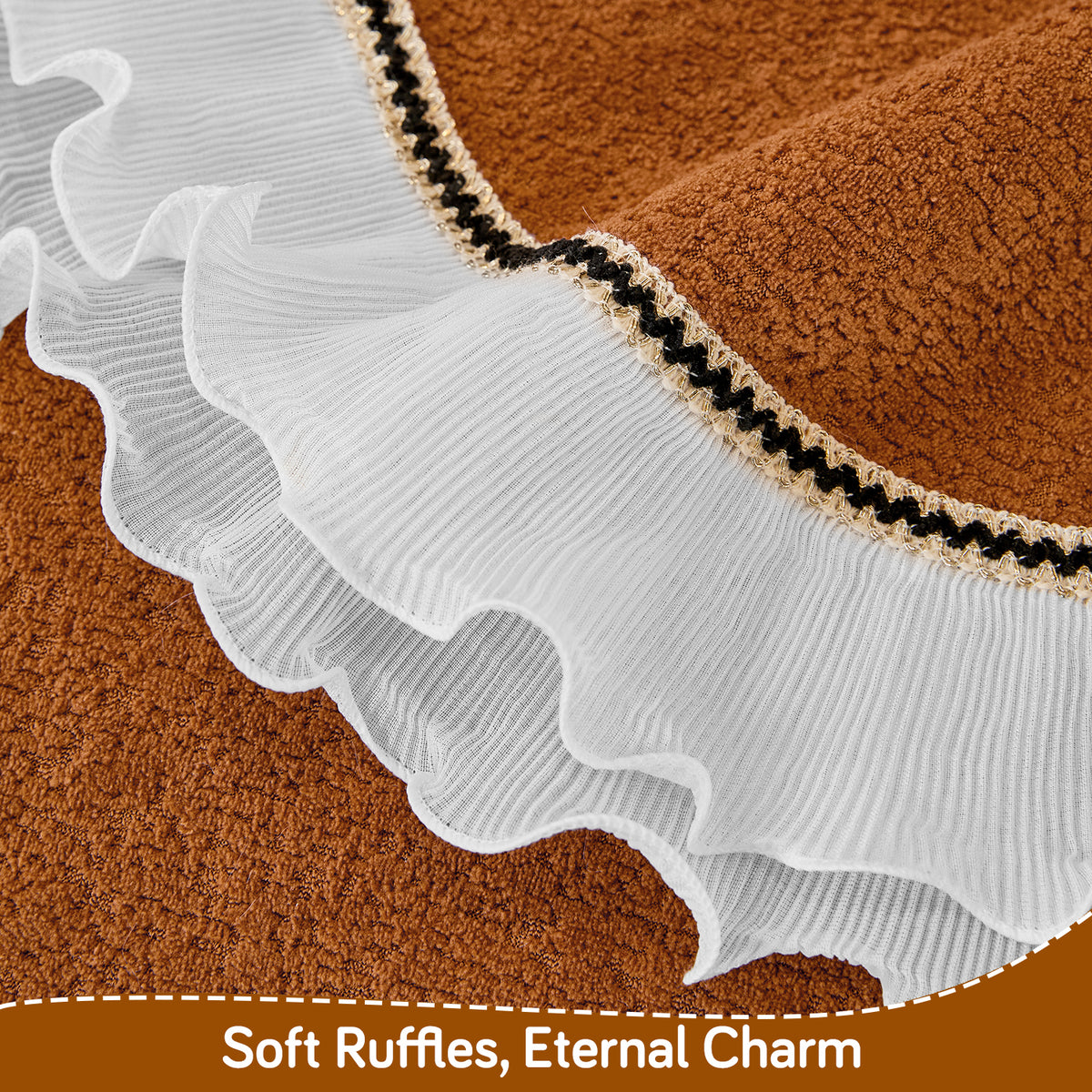 French Classic Frill Wavy Sofa Cover Mat with Curve & Lace - Copper Orange