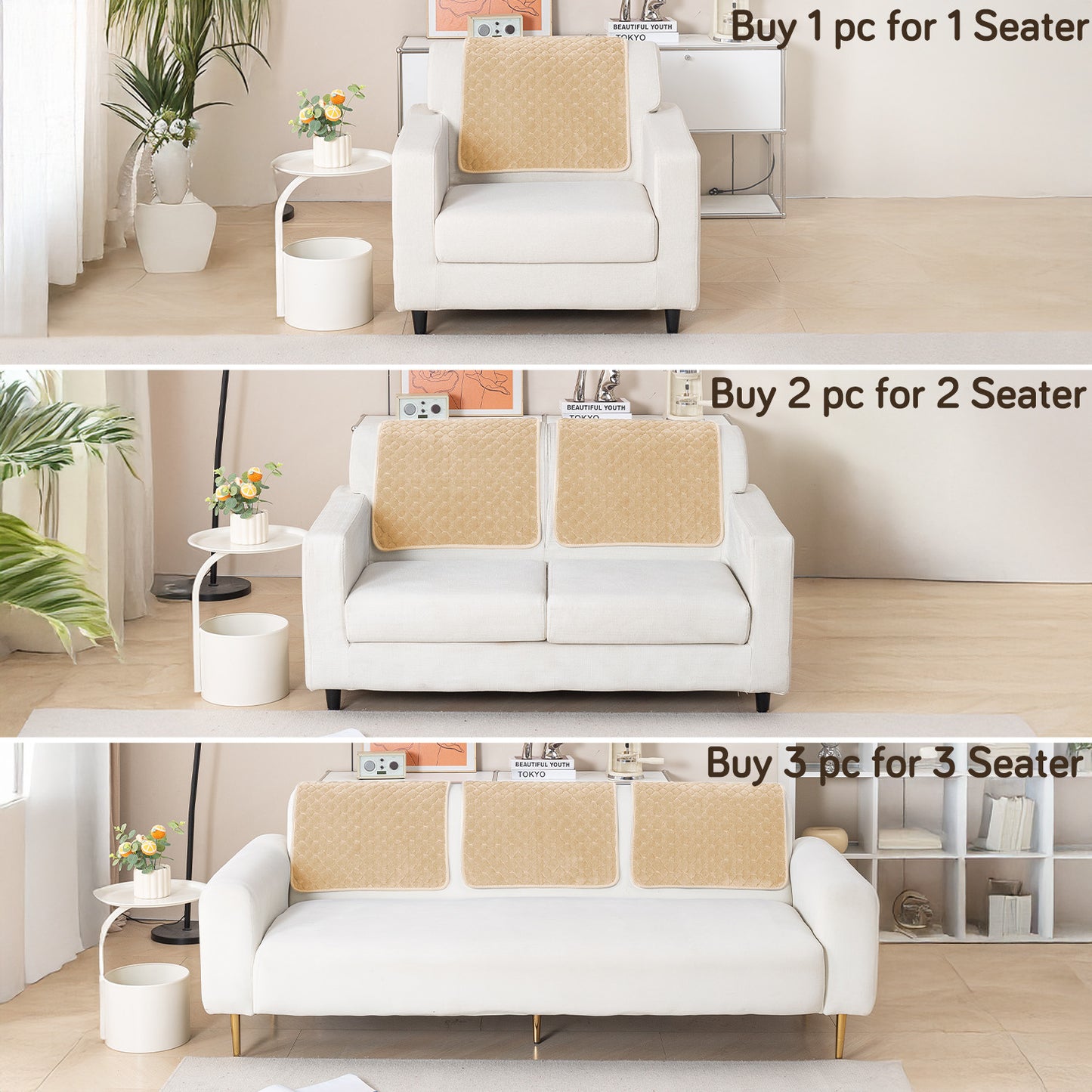 Diamond Plush Pebble Quilted Sofa Cover Mat, Beige