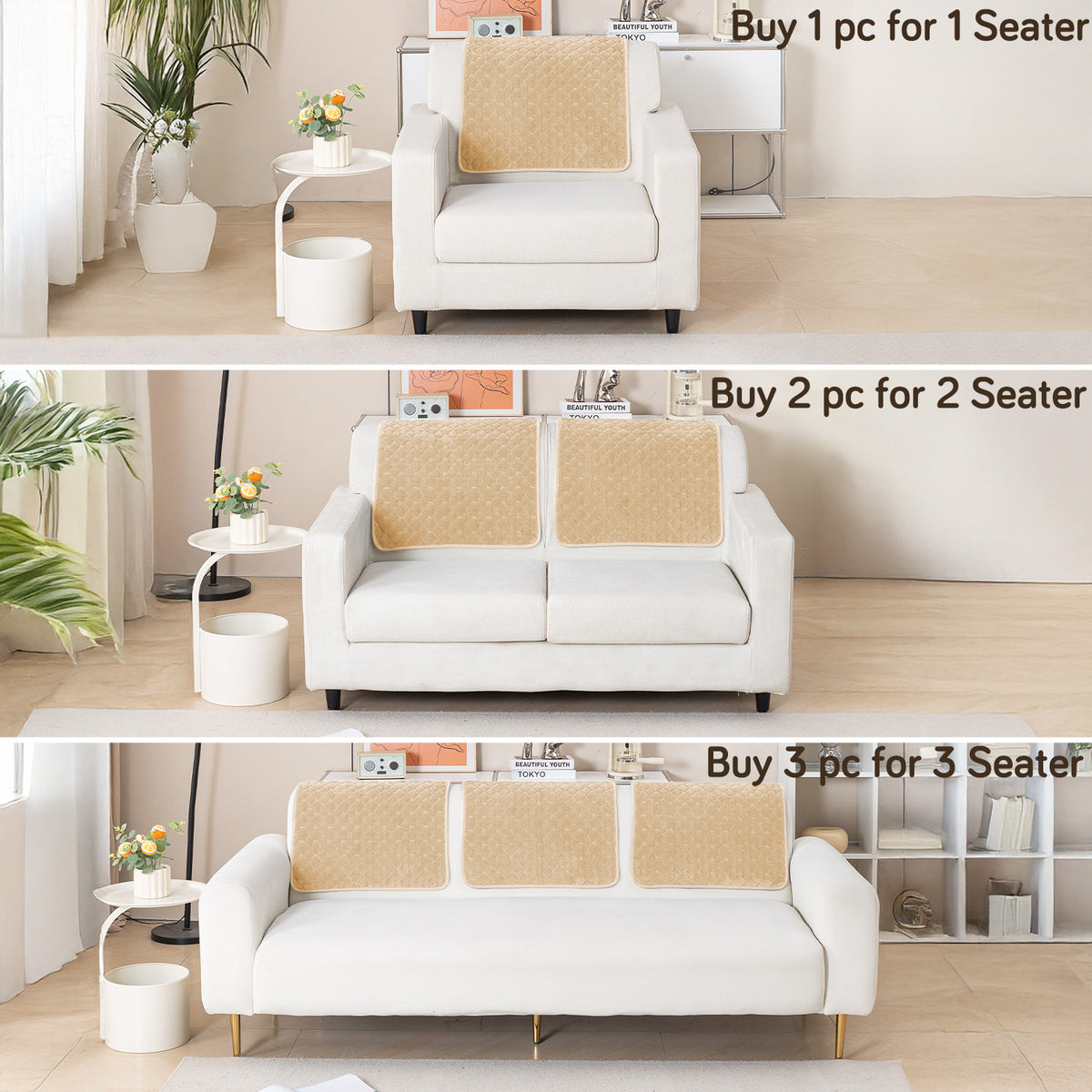 Diamond Plush Pebble Quilted Sofa Cover Mat, Beige