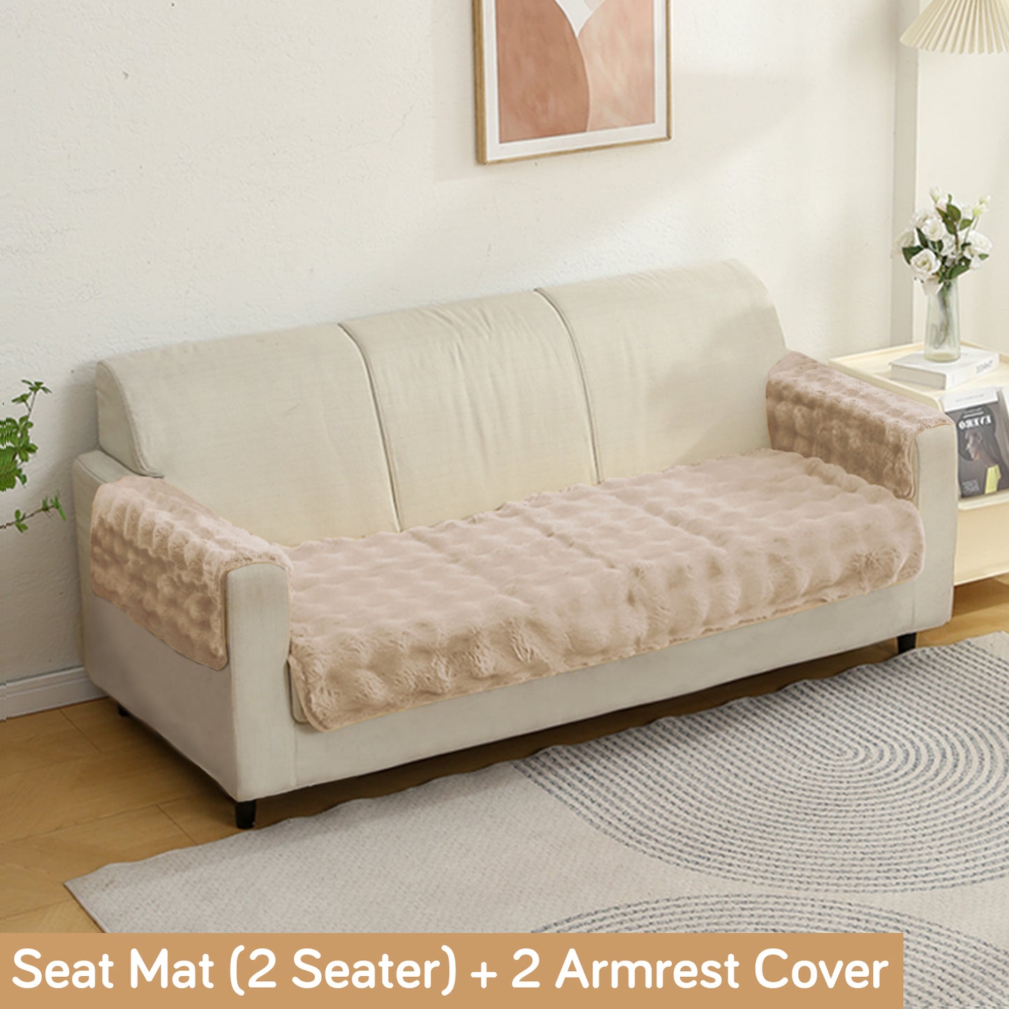 Premium Faux Rabbit Fur Anti Slip Sofa Cover Mat with 2 Armrest Cover, Latte Brown