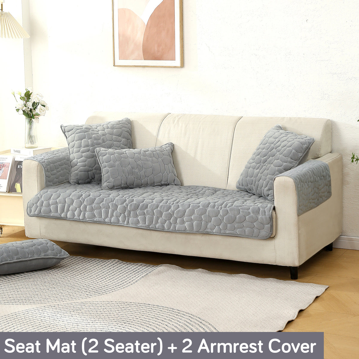 Premium Pebble Milk Velvet Anti Slip Sofa Cover Mat with 2 Armrest Cover, Moon Grey