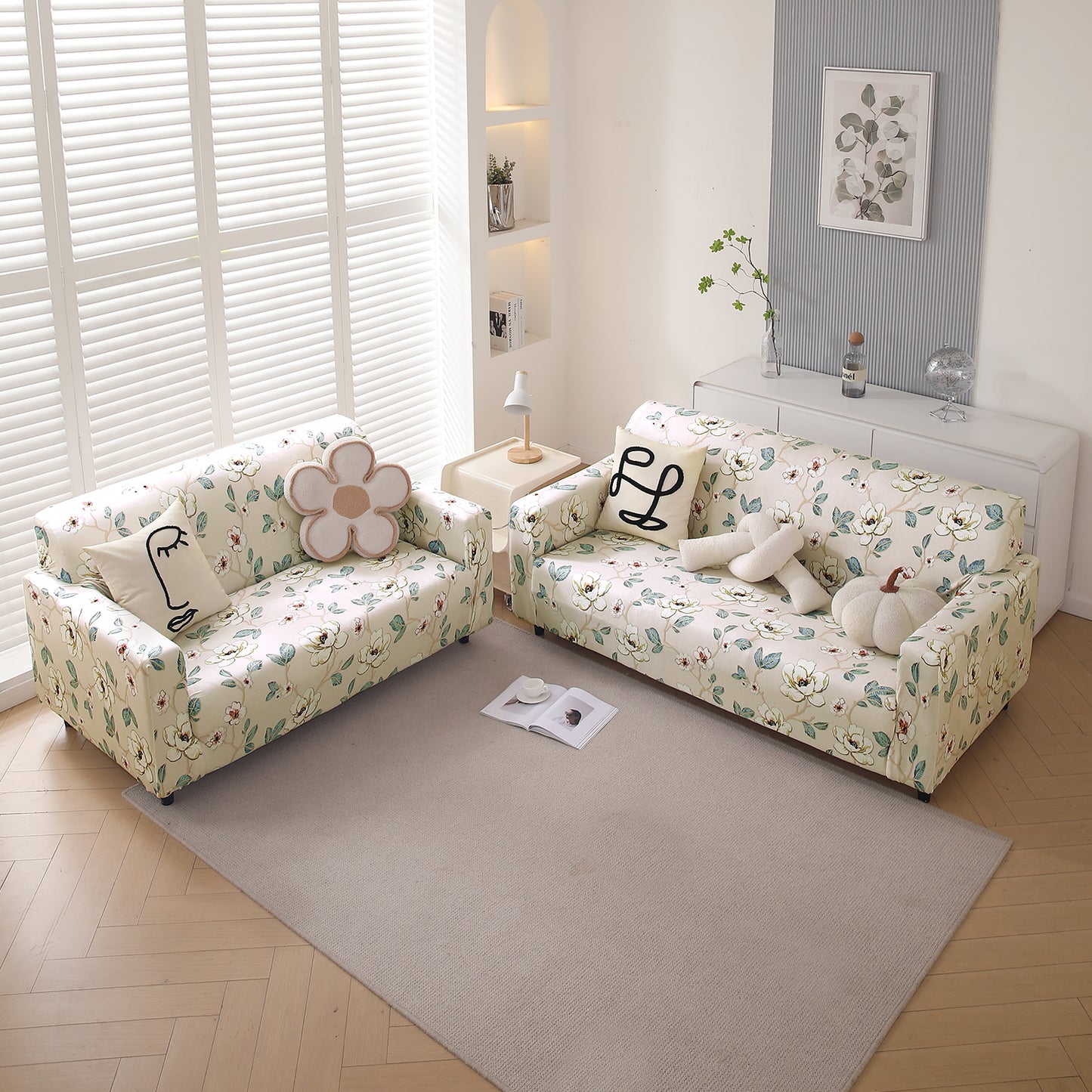 Premium Printed Velvet Sofa Cover 1/2/3 Seaters Fully Covered, Buttercream Magnolia Whisper