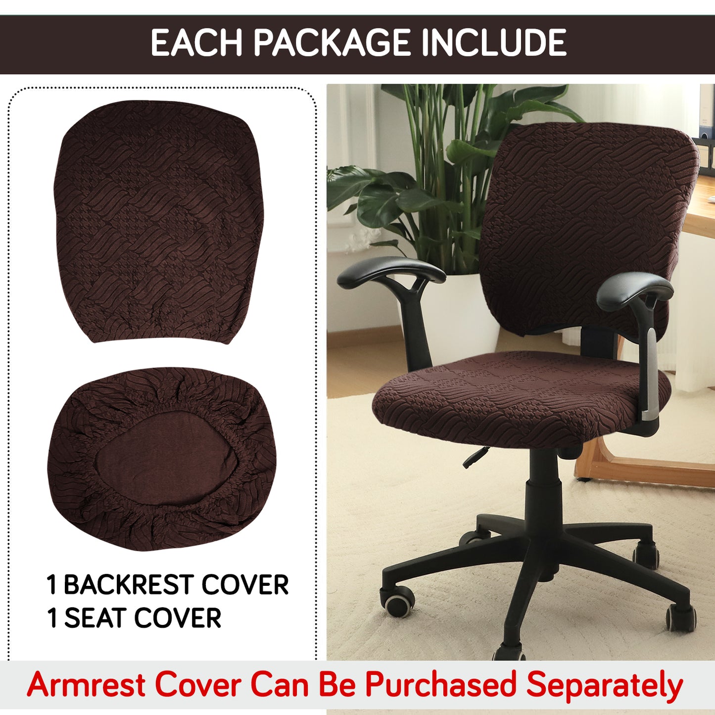 Office Chair Cover for Task Chair – 170 GSM Stretchable Jacquard – Washable & Anti-Slip – Fits Small Office Chairs Without Headrest, Brown