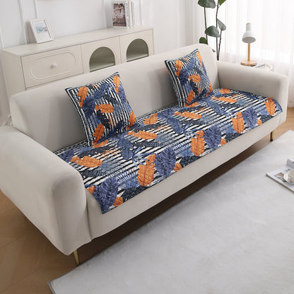 LiefNest Printed Holland Velvet Sofa Mat with Foam Filling - Tropical Leaves Dusk Blue for 1/2/3 Seater & Armrest