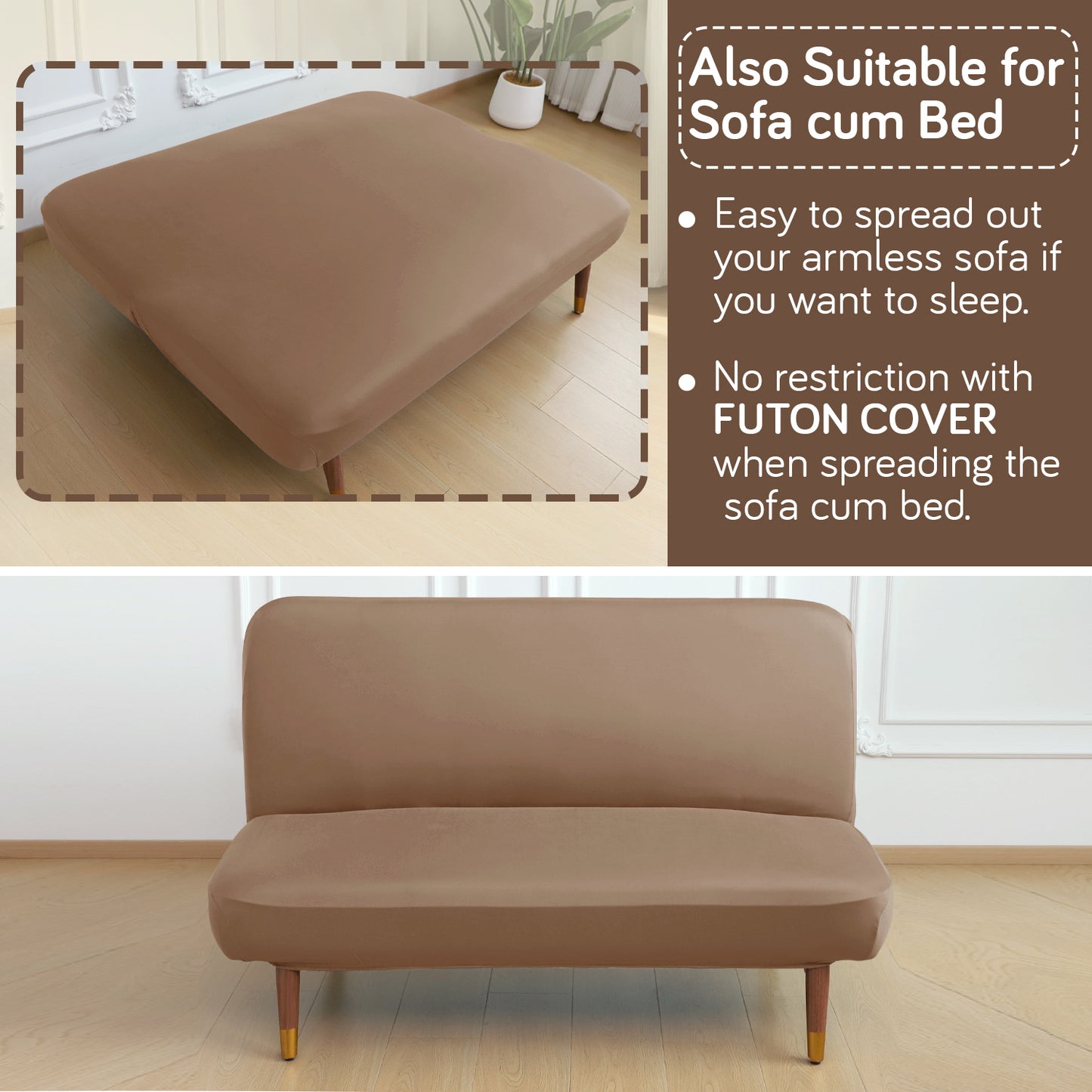 SereneSolids Stretchable Elastic Armless Sofa Cover – 140 GSM, Futon Slipcover, Easy Fit, Dark Camel