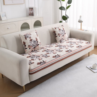 LiefNest Printed Holland Velvet Sofa Mat with Foam Filling - Chrysanthemum Bloom Soft Beige for 1/2/3 Seater & Armrest