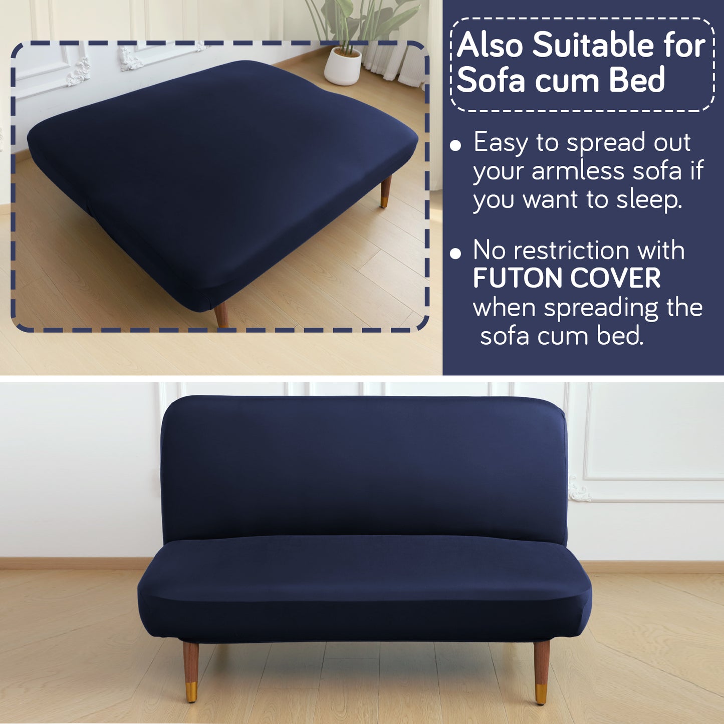SereneSolids Stretchable Elastic Armless Sofa Cover – 140 GSM, Futon Slipcover, Easy Fit, Navy Blue