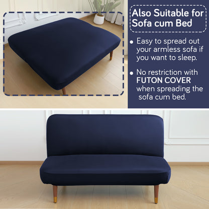 SereneSolids Stretchable Elastic Armless Sofa Cover – 140 GSM, Futon Slipcover, Easy Fit, Navy Blue