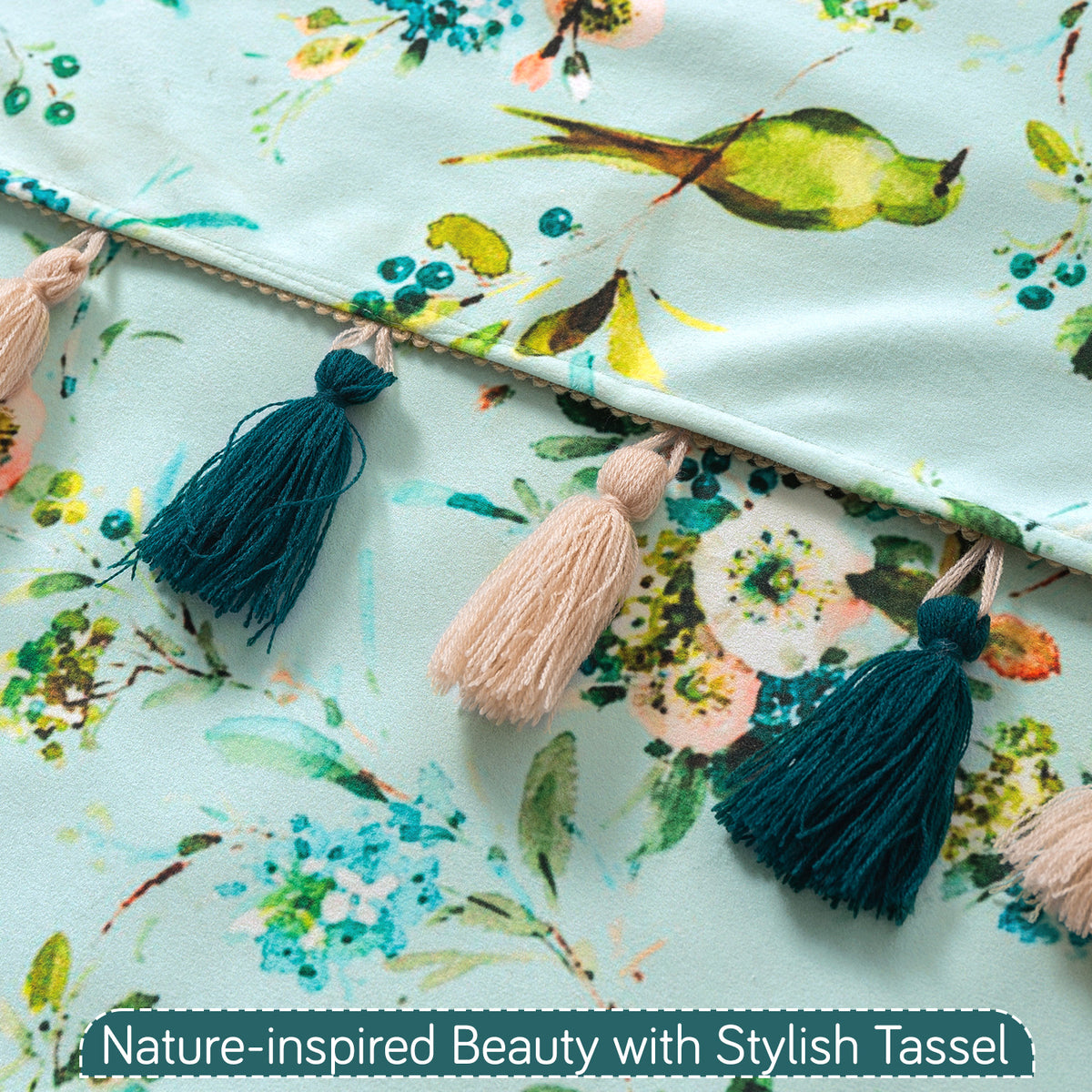 Whispers of Nature' Series Holland Velvet L Shape Sofa Cover Seat Mat with Tassels, Mint Birdsong Blossom