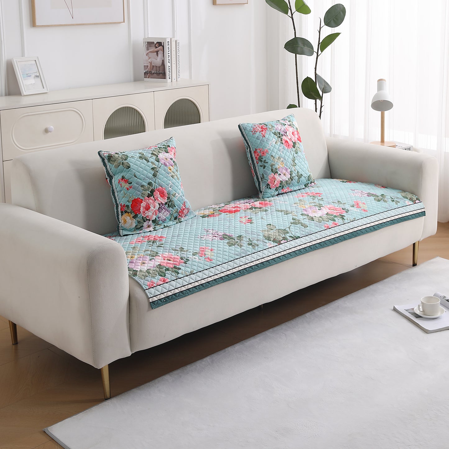 LiefNest Printed Holland Velvet Sofa Mat with Foam Filling - Fresh Floral Pastel Blue for 1/2/3 Seater & Armrest