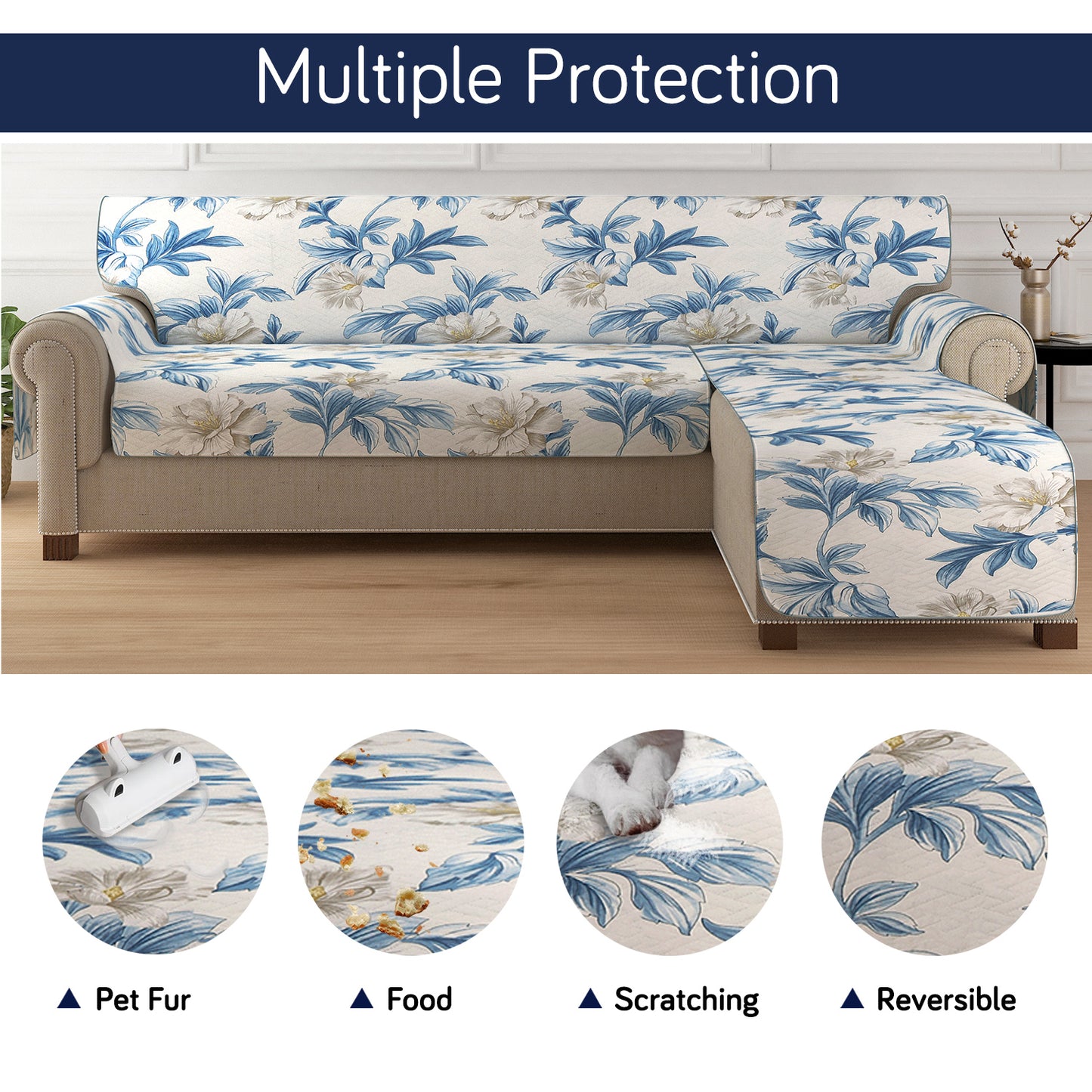 HomeHues Series Quilted Sofa Cover with Secure Fit Belt for L Shape sofa, Celadon Blue Camellia