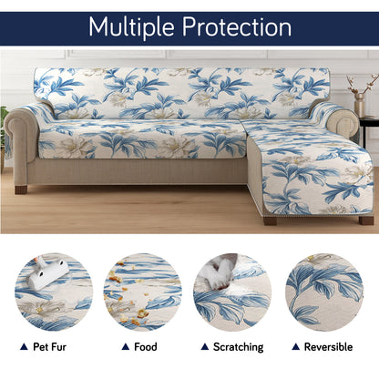 HomeHues Series Quilted Sofa Cover with Secure Fit Belt for L Shape sofa, Celadon Blue Camellia