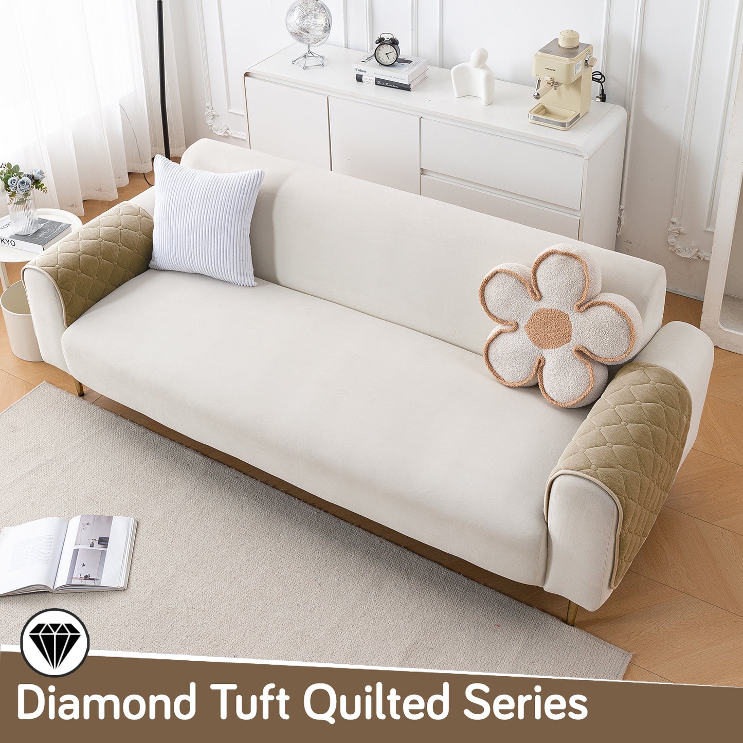 Diamond Tuft Plush Sofa Cover Mat, Sand Beige