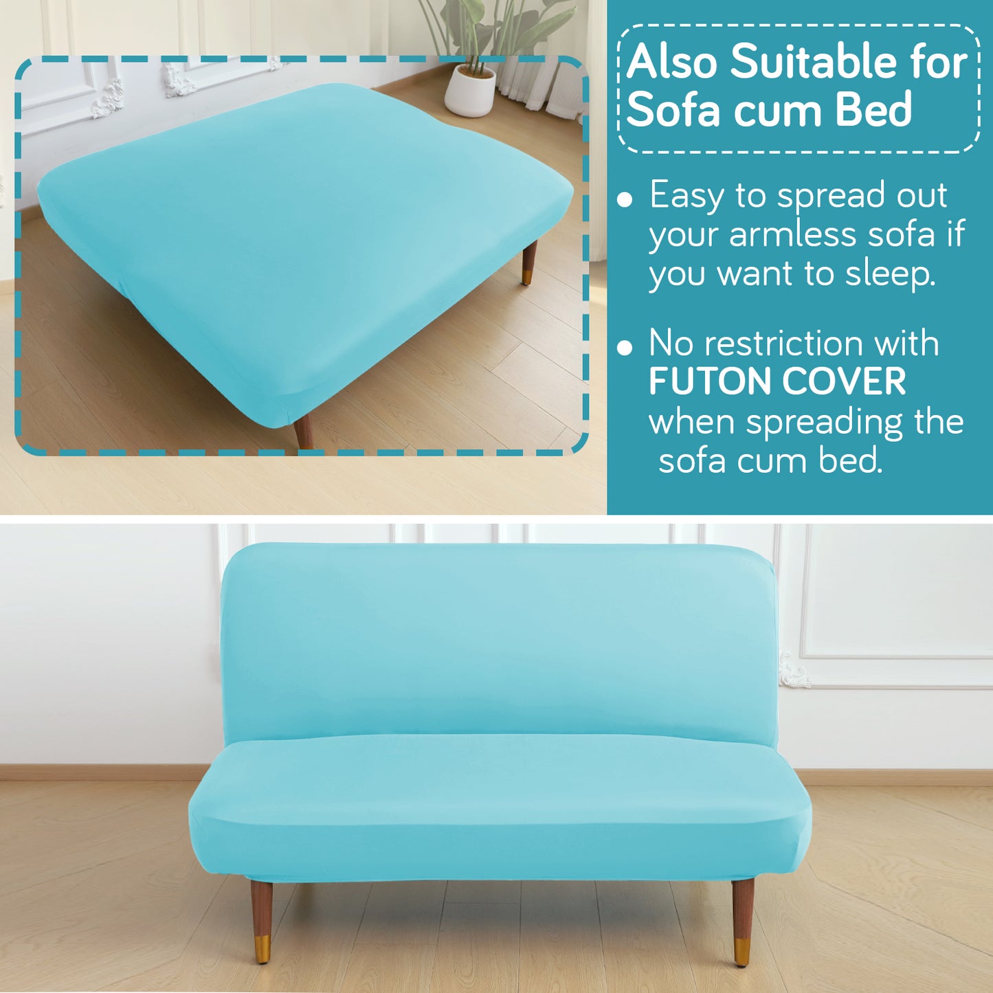 SereneSolids Stretchable Elastic Armless Sofa Cover – 140 GSM, Futon Slipcover, Easy Fit, Sky Blue