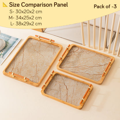 Luxury Bamboo Serving Tray Set with Faux Marble Base with Golden Handles