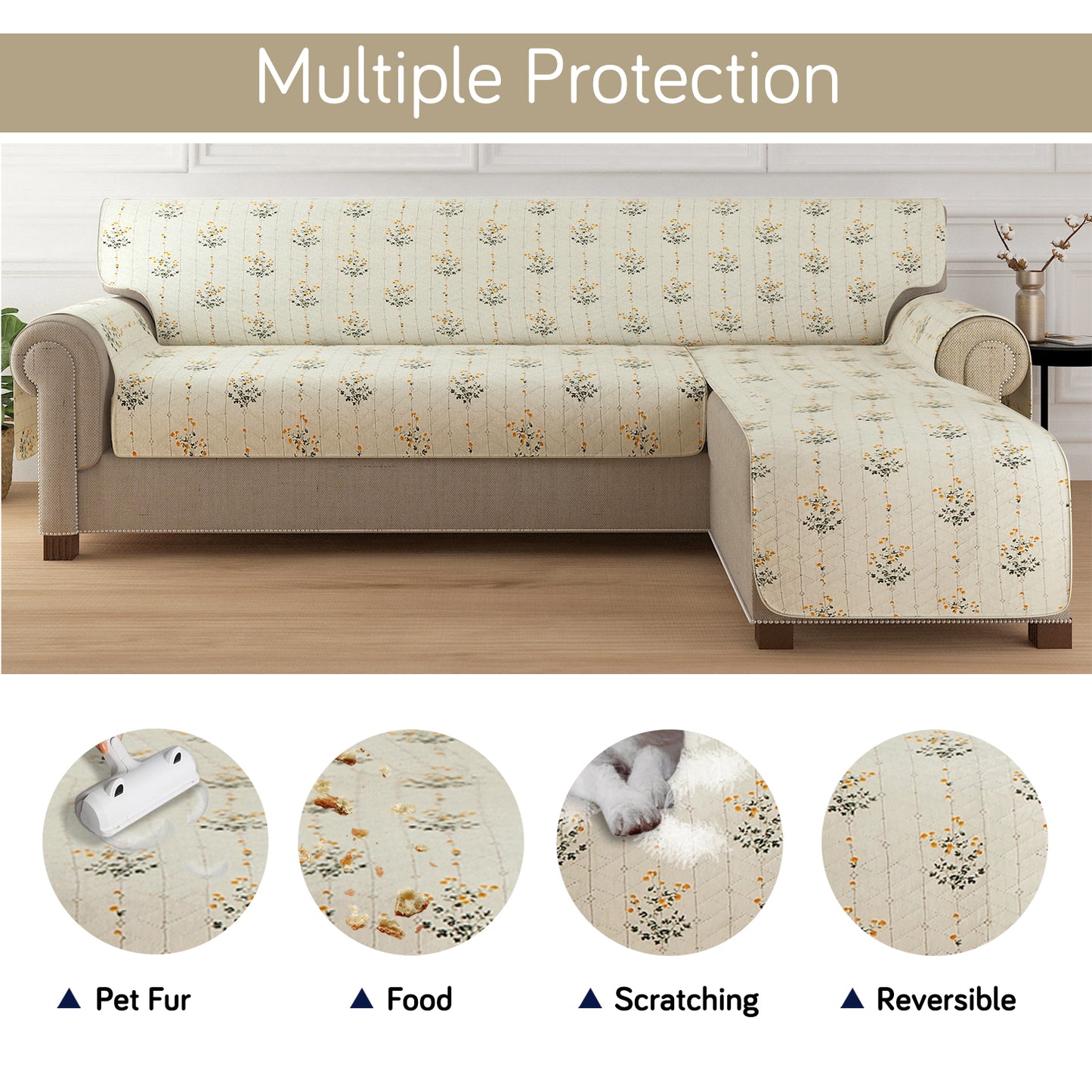 HomeHues Series Quilted Sofa Cover with Secure Fit Belt for L Shape sofa, Light Green Ash Gypsy Flower
