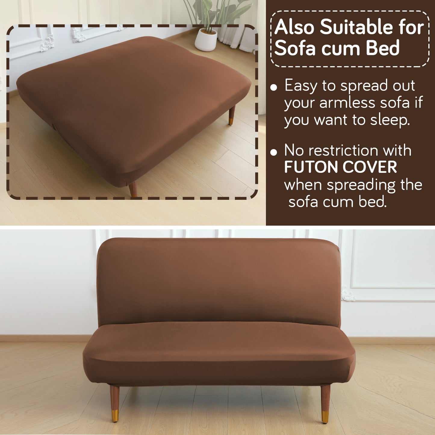 SereneSolids Stretchable Elastic Armless Sofa Cover – 140 GSM, Futon Slipcover, Easy Fit, Brown
