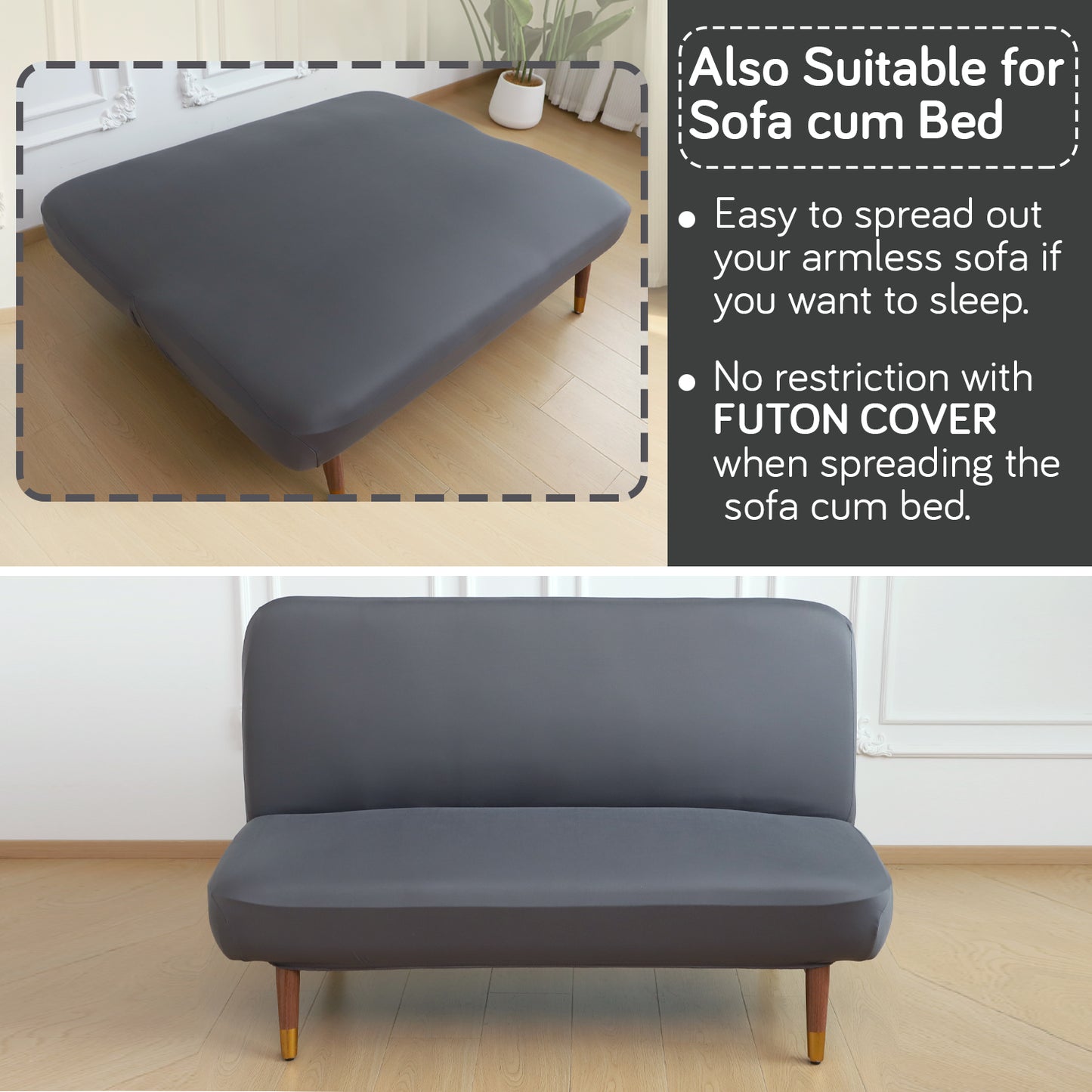 SereneSolids Stretchable Elastic Armless Sofa Cover – 140 GSM, Futon Slipcover, Easy Fit, Grey