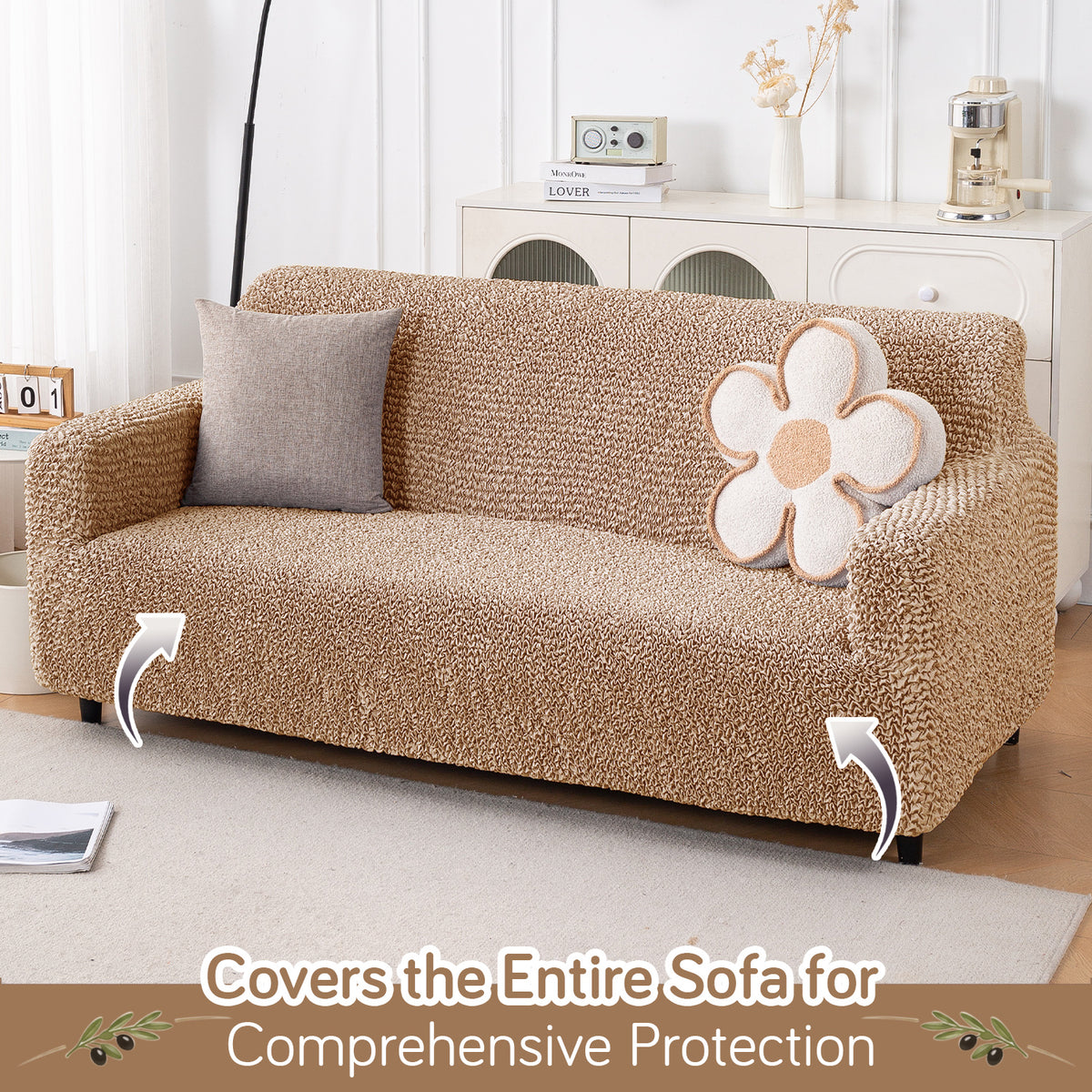 Italian Belissia Luxe Series' Super Stretchable Microfiber 1/2/3 Seater Sofa Cover, Latte Beige